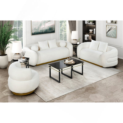Luxury Living Room Sofa Set 3pc Sofa Loveseat Chair White and Gold Soft Fabric Upholstered Matching Pillows Solid Wood Furniture