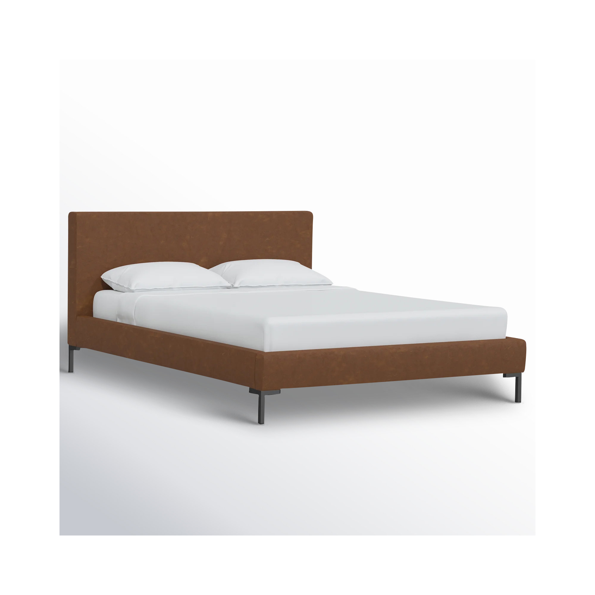 Rand Upholstered Bed, Twin, Distressed Saddle Brown Performance Faux Leather, Black Wood