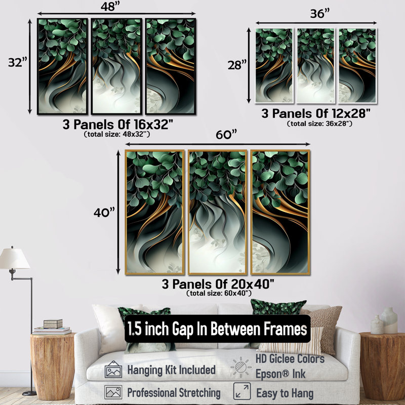 Whispers of Spring of Emerald Botanicals III - Ensemble de décorations murales botaniques abstraites, 28" H x 36" W, Naturel