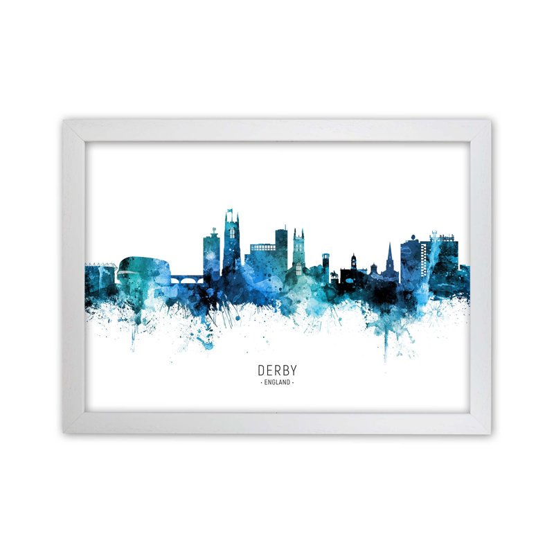 Derby England Skyline Blue City Name by Michael Tompsett - Print, 34cm H x 46cm W x 3cm D, White Framed