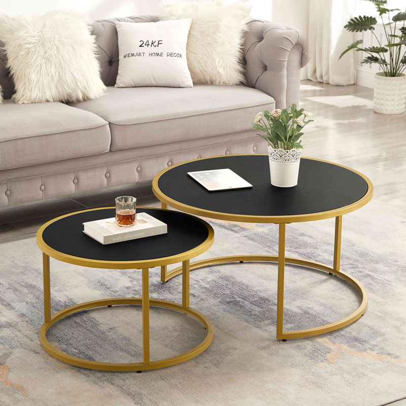 Ensemble de 2 tables basses modernes en similicuir avec base en métal doré, table d'appoint pour salon, Black