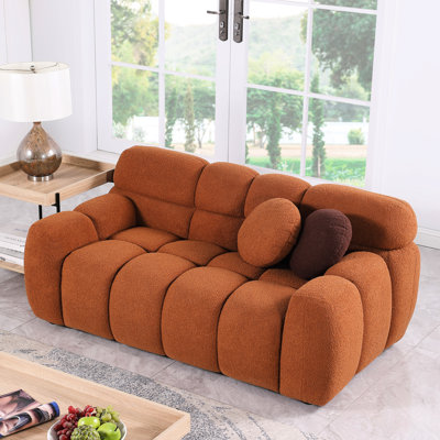 Boucle Upholstered 2 Seater In Brown, Suits Taste Marshmallow Brown Boucle, Comfortable And For Living Spaces
