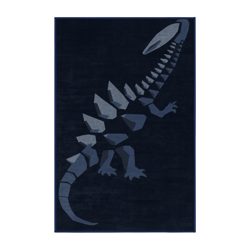 Machine Washable Pavnesh Mosasaurus Modern Geometric Rug in Gray – Navy Binding, 8x10