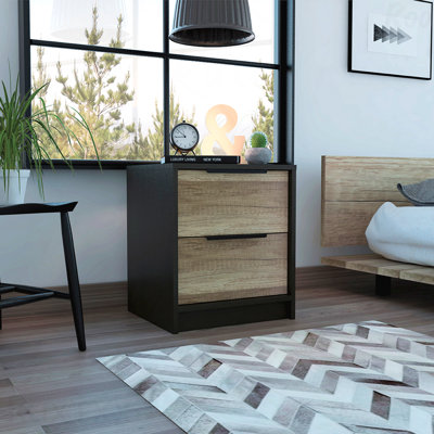 Black / Pine Nightstand, End Table with Two Drawers & Metal Handle