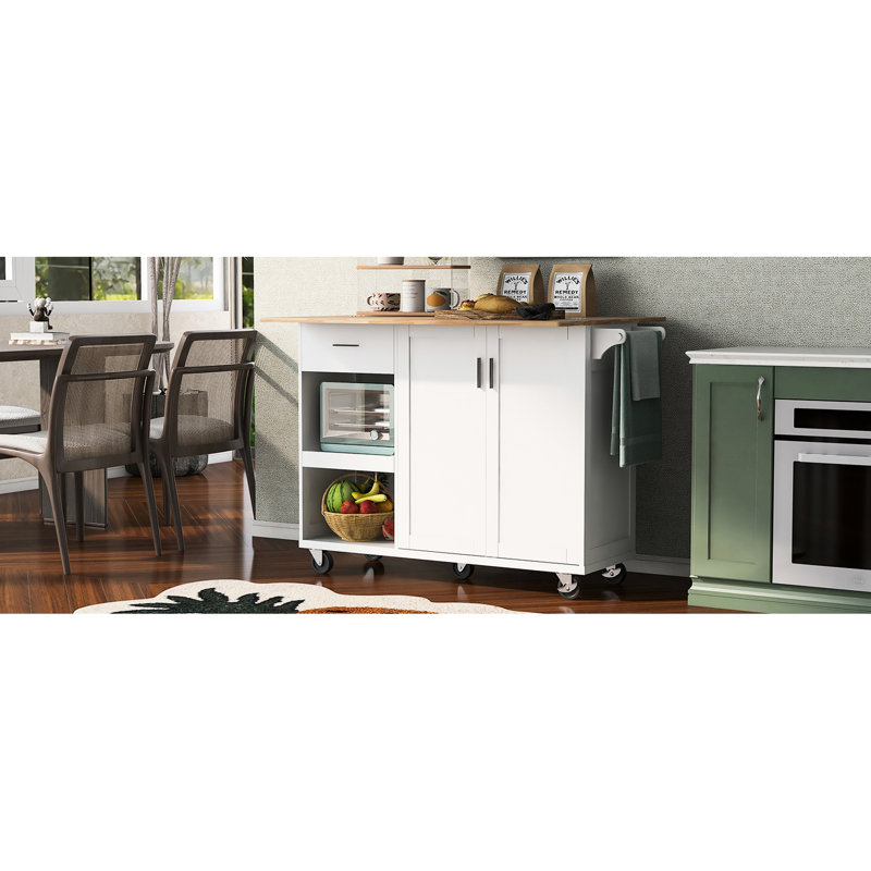 Îlot de cuisine moderne avec tablettes et tiroir verrouillables - bureau pliable blanc, porte-serviettes, tiroir, tablette coulissante et roulettes pour plus de fonctionnalité