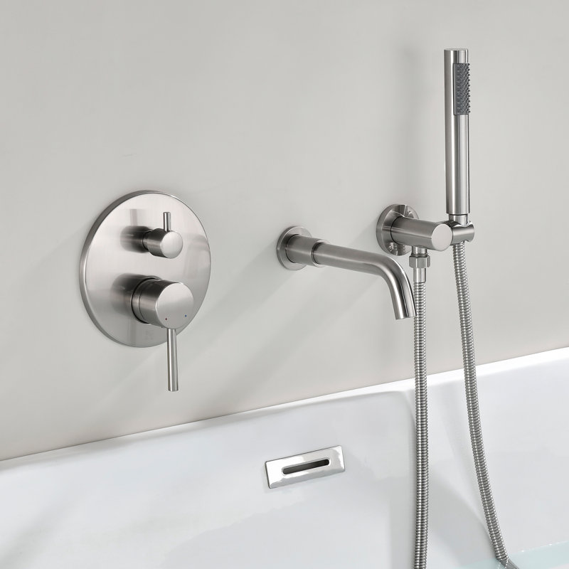 Solid Brass Wall Mounted Tub Filler Faucet with Handheld Shower, 2 Handle Modern Bathtub Faucet Set, Brushed Nickel