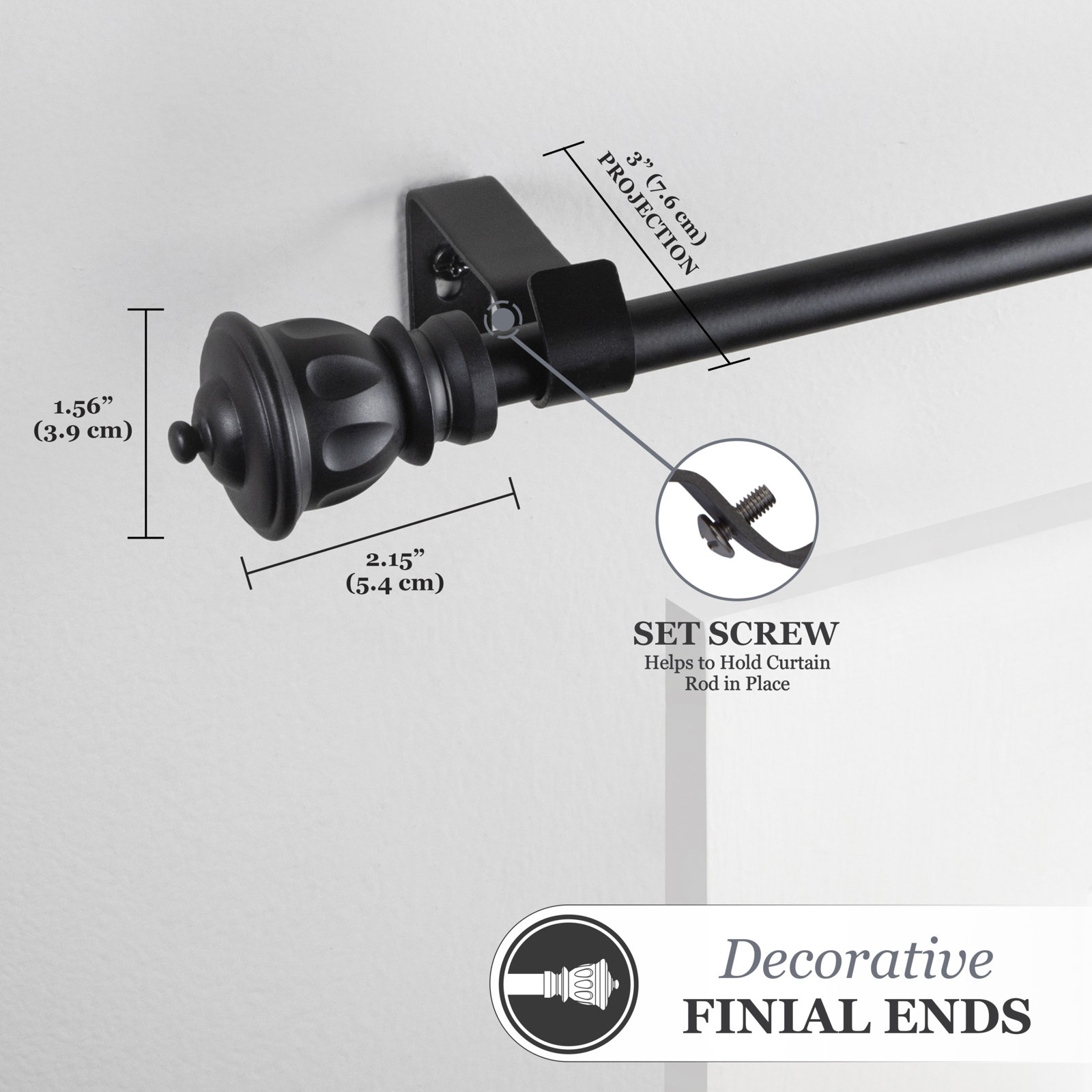 Berkley Kenney Kiera 5/8" Standard Decorative Window Curtain Rod, 28-48", Black, 48'' - 86''