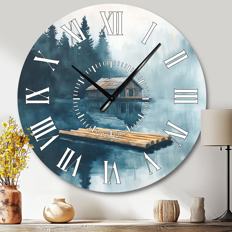 Horloge murale rustique verte en métal, style chalet en bois et radeau sur un lac - Grande horloge murale en métal vert