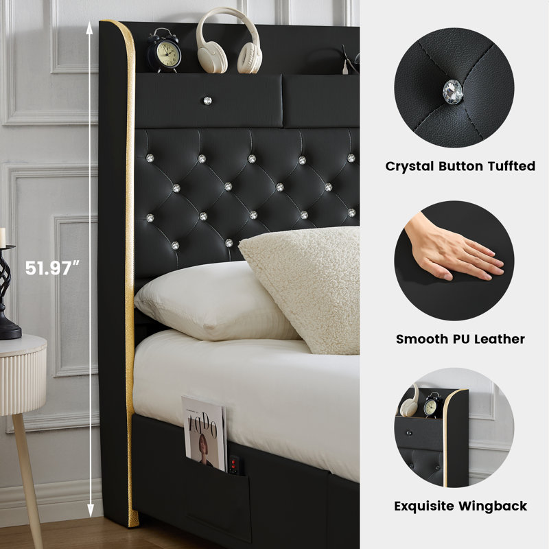 Cadre de lit grand Galaxy Aurora avec projecteur étoile, 2 tiroirs de rangement et grande tête de lit à oreilles Galaxy, Noir