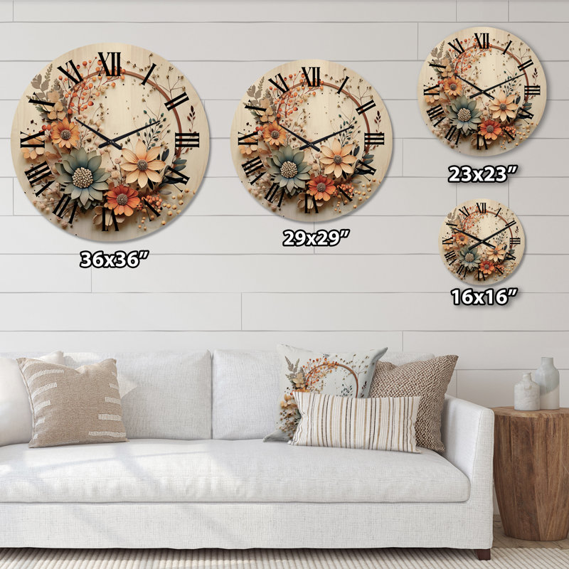 Horloge murale florale en bois beige et orange I, Moyenne