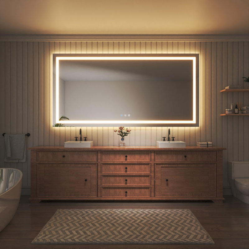 Miroir de salle de bain sans cadre à lumière DEL antibuée avec rétroéclairage et sans cadre, 48 po x 96 po