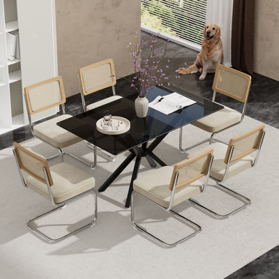 Ensemble de table de salle à manger rectangulaire en verre trempé avec chaises de salle à manger rembourrées en velours de luxe
