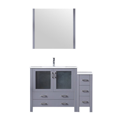 Volez 48 in W x 18.25 in D Single Bath Vanity with Side Cabinet, White Ceramic Top, 34 in Mirror and Chrome Faucet Set