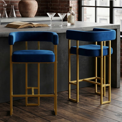 Velvet Counter Height Bar Stools Set of 2, Modern 26" Barstools with Back & Footrest, Luxury U-Shaped Gold Metal Frame Kitchen Island Chairs for Dining Room & Living Room, Royal Blue