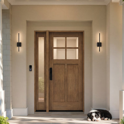 CRF-P2G4-SW-80 | 80" Single Door, + 1xSidelite RTA Prehung Exterior, SDL 4 Lite, 2 Panel, Unfinished Mahogany Wood