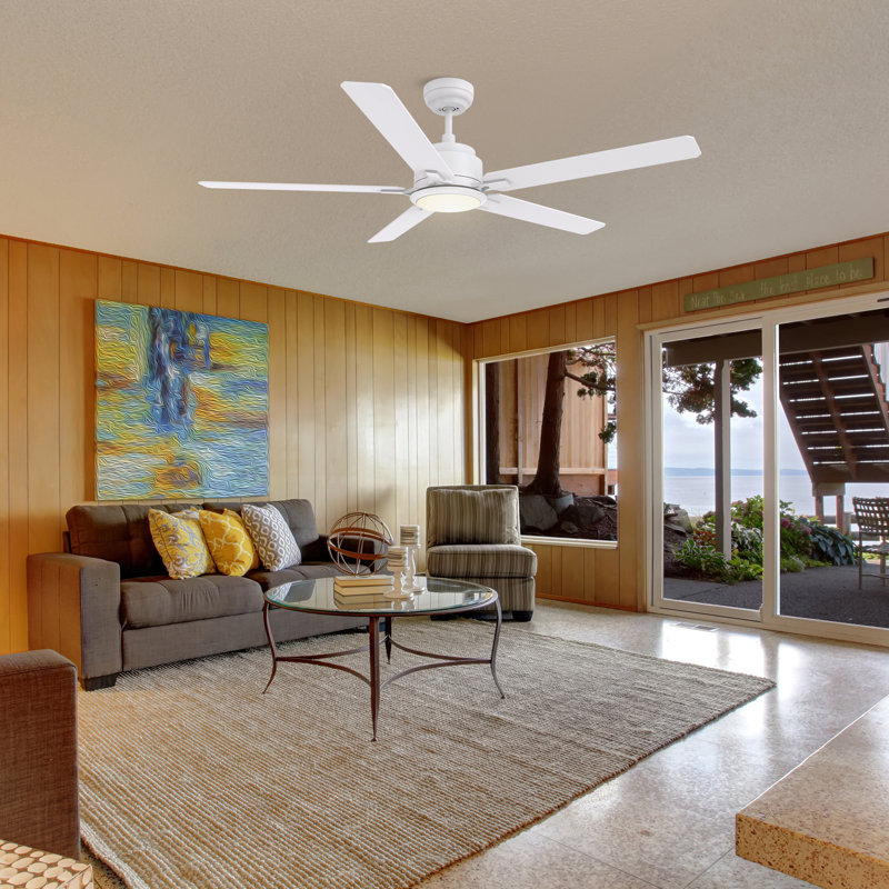 Ventilateur de plafond intelligent à 5 pales DEL avec télécommande et ensemble d'éclairage inclus, Blanc