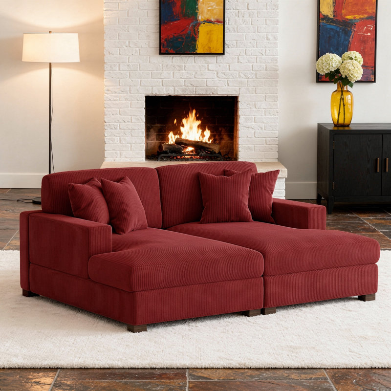 Oversized Upholstered Corduroy Sleeper Sofa Bed Lounge Sofa With Armrests & Throw Pillows, Rouge
