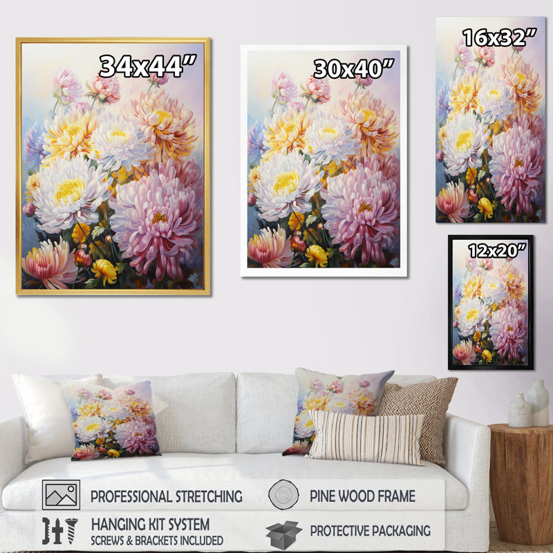 Blue Chrysanthemums Hill sur impression sur toile, Cadre doré simple, H 44 po x l 34 po x P 1,5 po