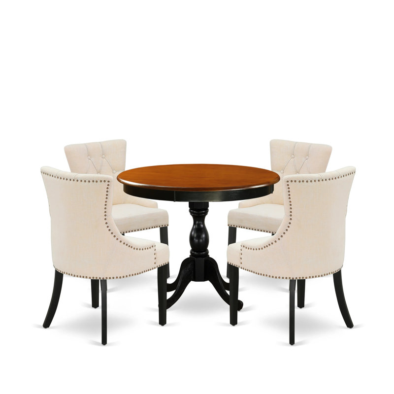 5-Piece Round Dining Table Set Contains a Dining Room Table and 4 Light Beige Linen Fabric Dining Chairs with Button Tufted Back - Black Finish