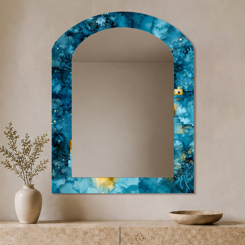 Grand miroir mural bleu contemporain - Village mexicain la nuit, impression sur métal, 43" x 33"