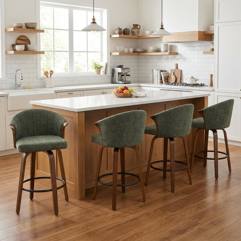 Tabouret de comptoir pivotant rembourré avec structure en bois Devault, Vert