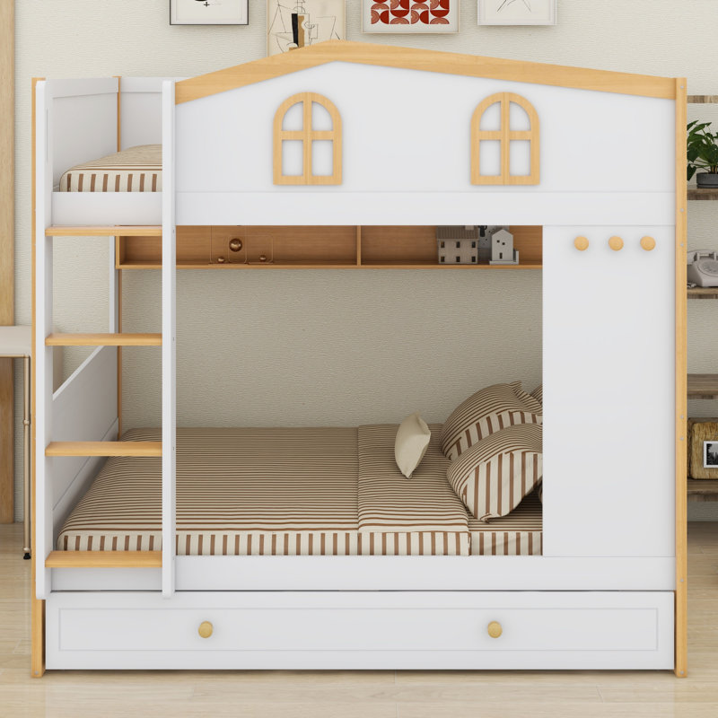 Lit superposé pour enfants avec garde-corps de style maison avec tablettes de rangement et lit gigogne, Double sur double