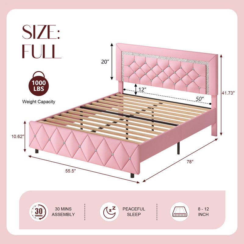 Lit plateforme capitonné en similicuir Alber - Tête de lit incluse, Lit double, Rose