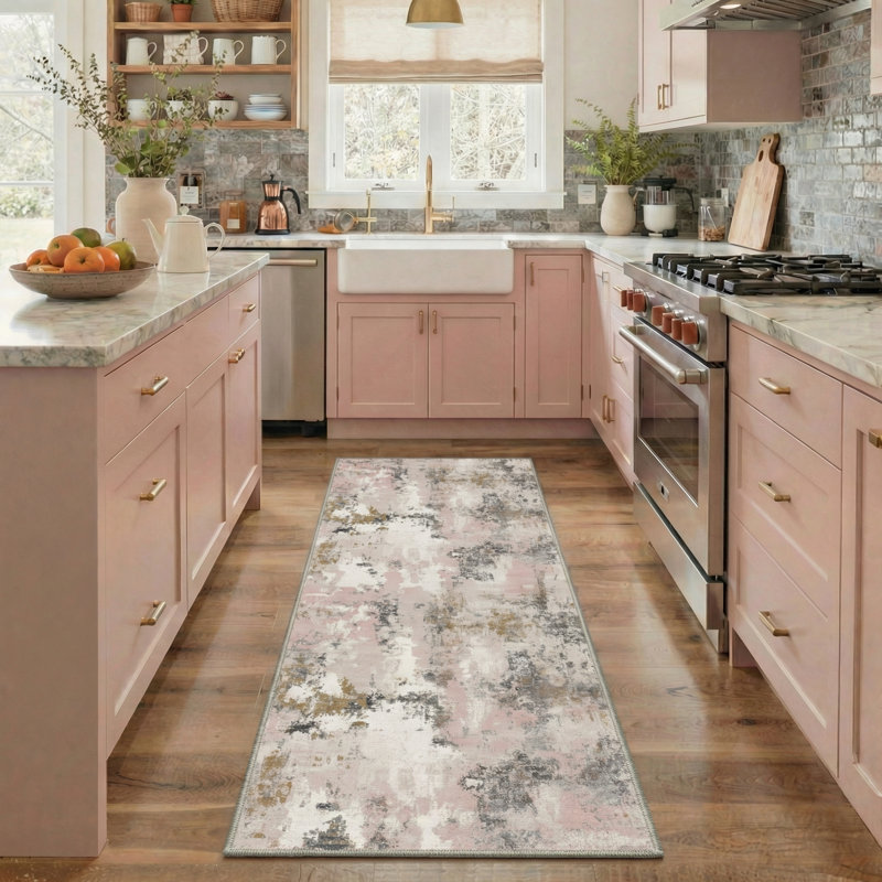 Mignone Aura Abstract Art Machine Washable Blush Haze Indoor Area Rug With Non-Slip Backing, Runner 2' x 6'