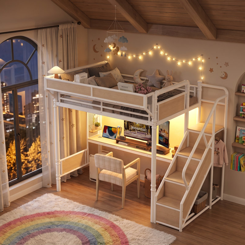 Lit mezzanine en métal avec bureau intégré AVELOR, lumières DEL, escalier de rangement et panneau perforé pour enfants, Blanc