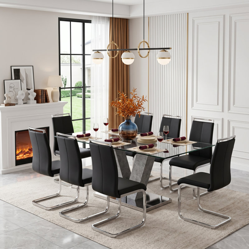 9-Piece Modern 71" Rectangular Tempered Glass Pedestal Dining Set with Faux Leather Cantilever Chairs, Black/Chrome