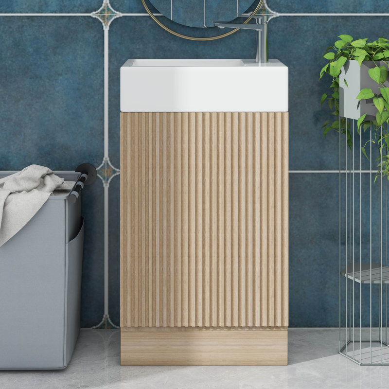 Meuble-lavabo de 18,6 po avec lavabo - armoire avec tablette double couche, porte-papier hygiénique, porte à fermeture en douceur silencieuse et option de montage gauche / droite