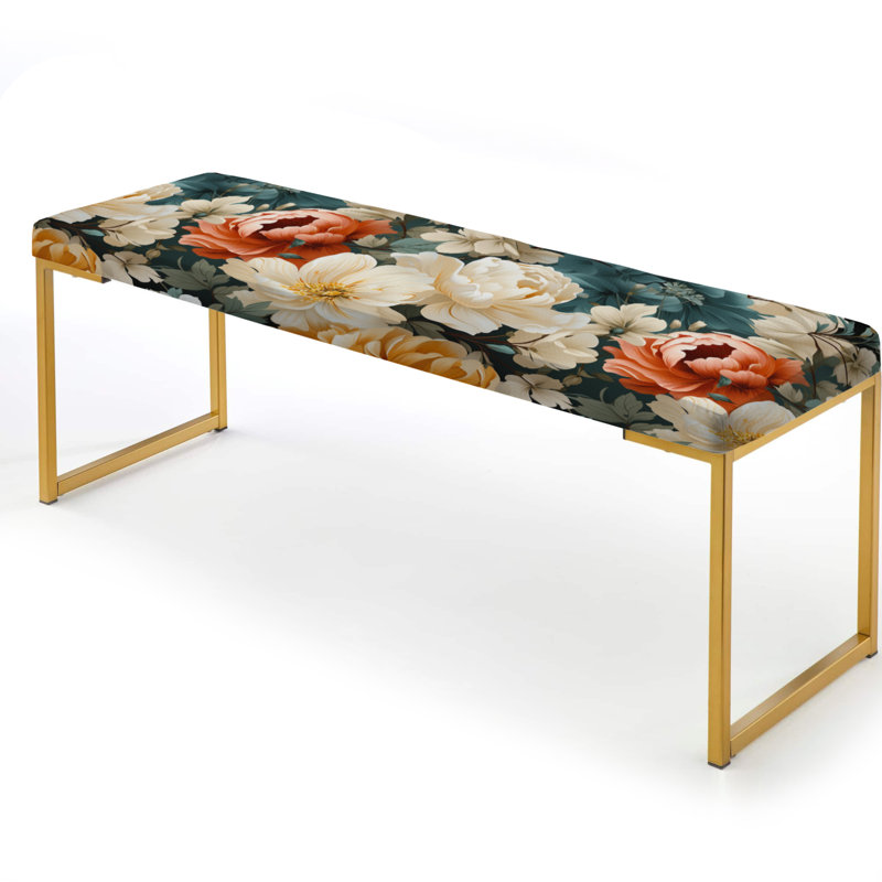 Upholstered Gold Bench, Vintage Yellow White And Blue Floral Pattern