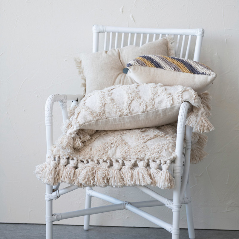 Natural and Blue Linen Blend Reversible Lumbar Pillow with Fringe