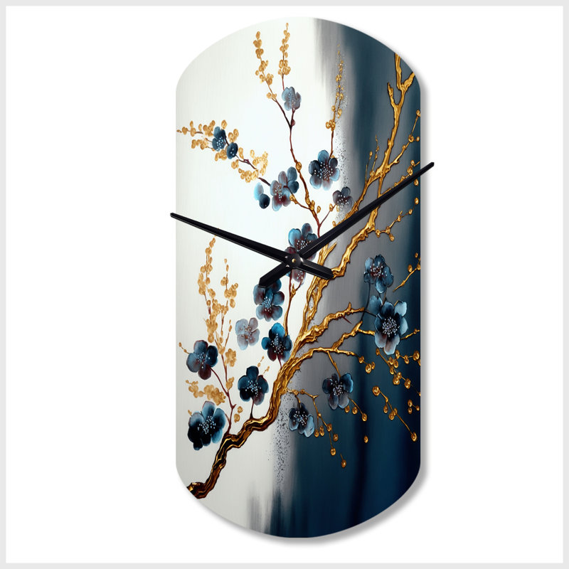 Horloge murale cylindrique en métal Blue Cherry Blossom Branch V - Bonsai, Grand