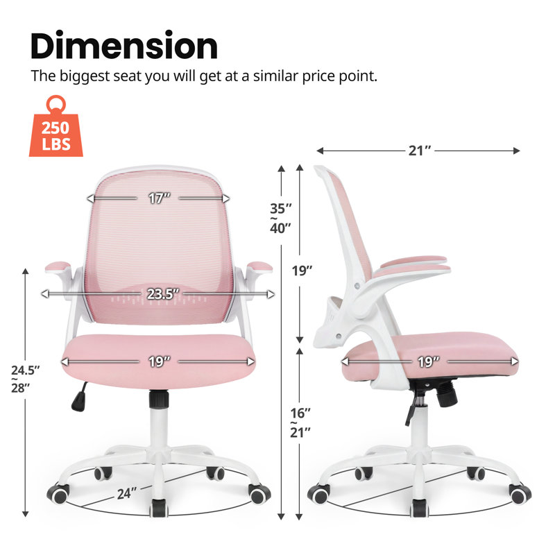  Nahjee Space-Saving Ergonomic Home Office Chair Task Chair with Flip-Up Armrests, Pink, Plastic