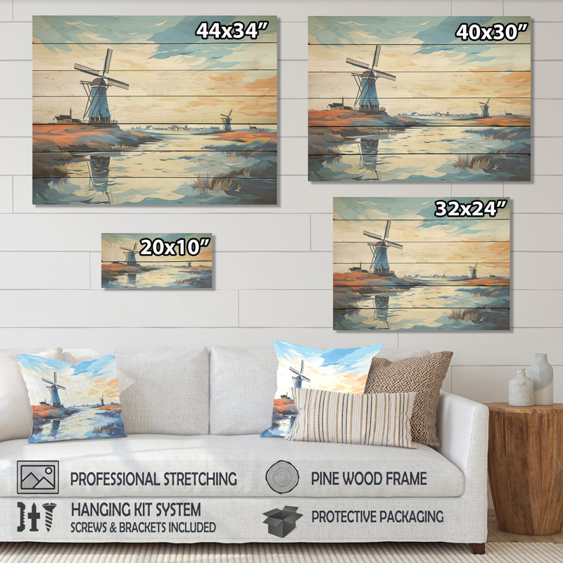 Holland Wind Turbine Meadows III - Wind Turbines On Wood Print, 24" H x 32" W x 0.78" D