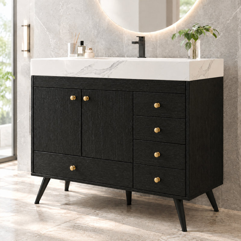 Meuble-lavabo autoportant moderne 36 po avec 1 armoire et 5 tiroirs, comptoir en pierre frittée, lavabo en céramique et pieds en acier inoxydable