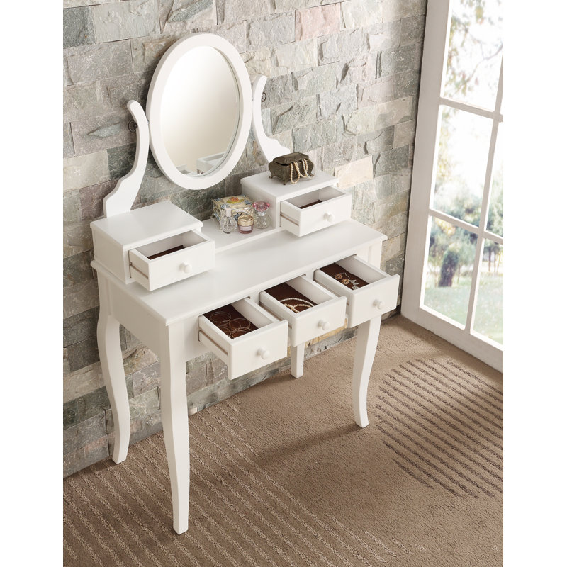 Landisburg Wood Moniya Makeup Vanity Table And Stool Set, White