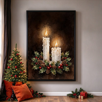 Bougies de Noël et houx, tableau encadré sur toile, cadre noir, 76 x 51 cm