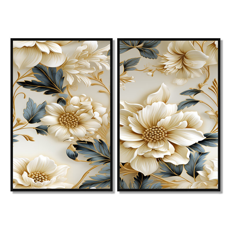 Or blanc, élégance de fleurs bleues et bleues, art mural moderne, H 36 po x l 48 po, Impression encadrée flottante, Noir