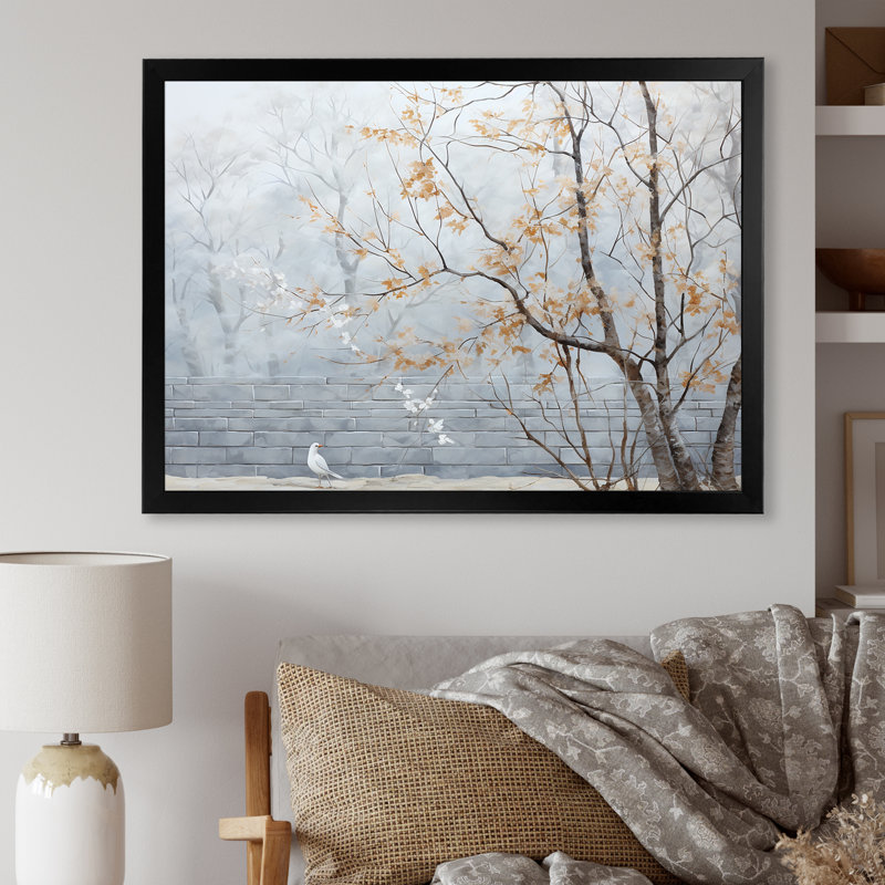 Minimalisme, arbre fleur gris - art mural cerisier en fleurs, Cadre d'angle fermé noir, H 12 po x l 20 po x P 1 po