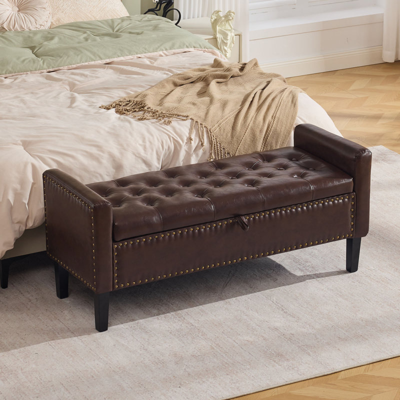 47" W Water-Resistant Faux Leather Upholstered Flip Top Storage Bench, Dark Brown-pu