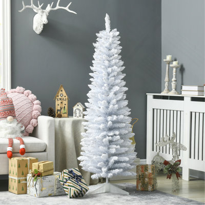 Arbre de Noël artificiel enneigé 5 pi, arbre de Noël mince avec branches réalistes et base en plastique pour décoration d'intérieur, blanc