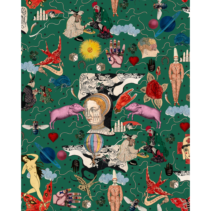 Woodstock Lifestyle Wallpaper Roll, Black/Green/Pink/Red