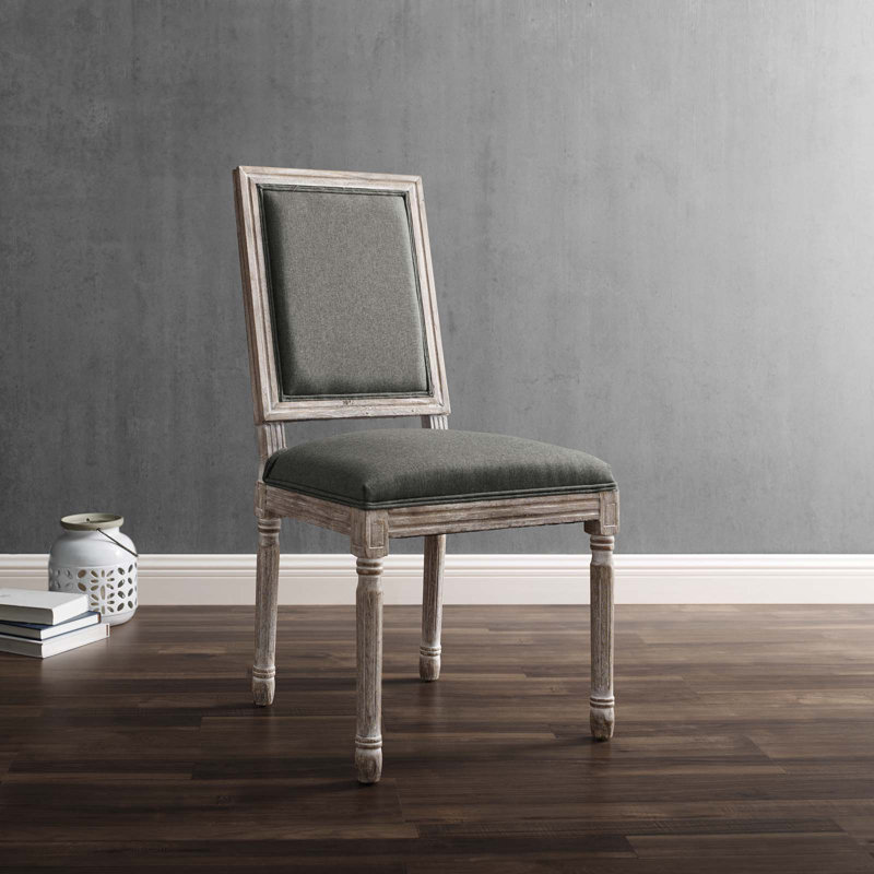 Modway Court French Vintage Upholstered Fabric Dining Side Chair, Dark Gray, Natural