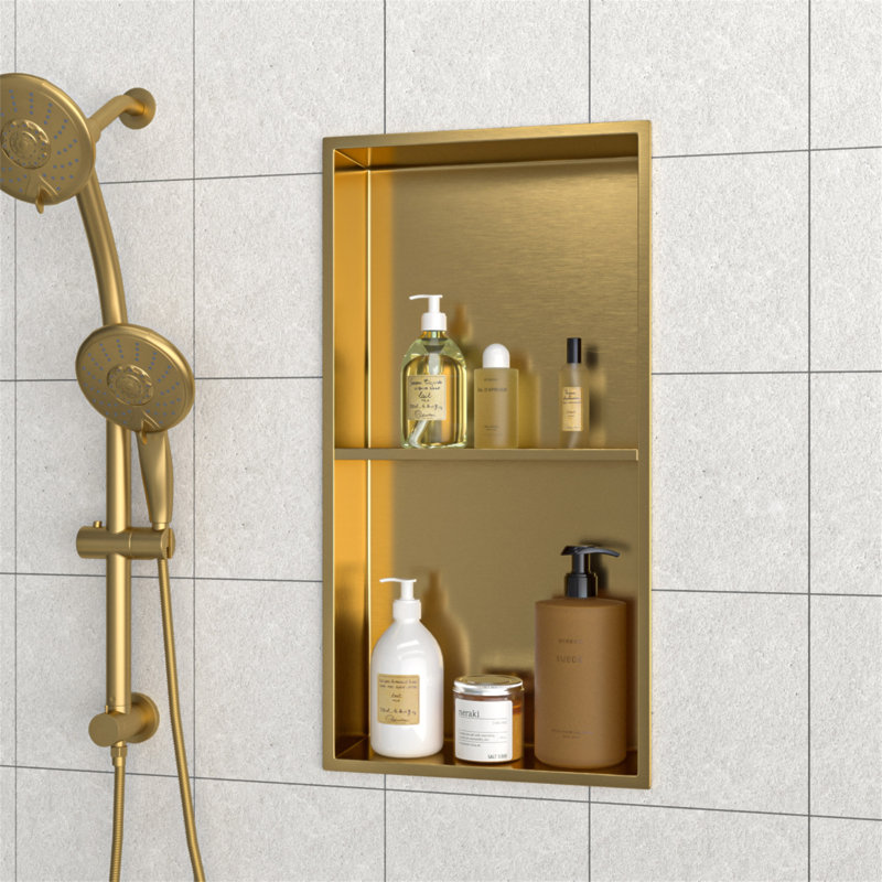 13" X 25" Stainless Steel Shower Niche Double Shelf, Gold, Gold, 13" H x 25" W x 3.94" D