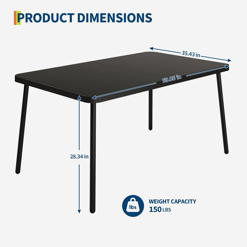 59" Tempered Glass Patio Dining Table with Metal Frame, 4-6 Person Rectangular Table for Porch Balcony Backyard Poolside, Black
