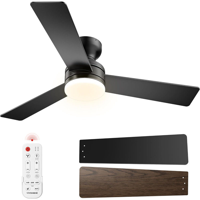 42 Inch Low Profile Ceiling Fan With Led Light And Remote, Dark Brown Wood/Black, Black