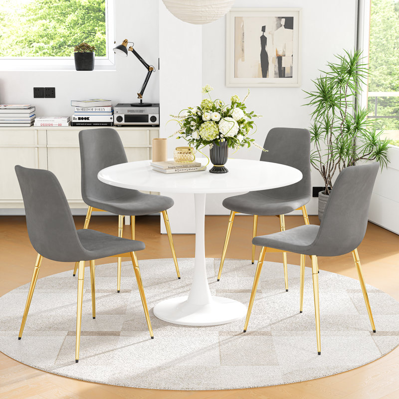5-Piece Round Metal Pedestal Dining Table With 4 Velvet Dining Chairs, White, Gray/Gold