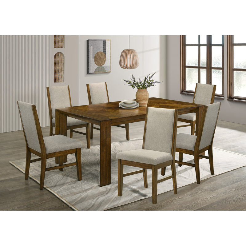 Table de salle à manger rectangulaire 7 pièces en bois massif fabriquée à la main, 7 pièces : table, 6 chaises